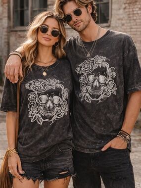 Rhea Skull Floral Graphic Tee Black Acid Wash Unisex L NWT Boho Edgy